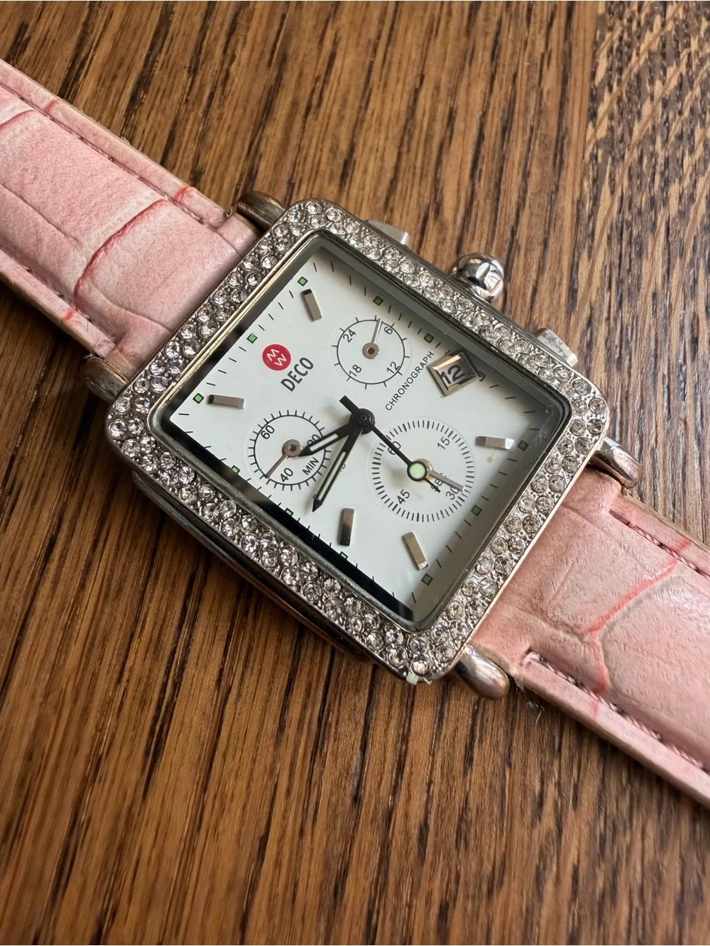 Stunning Crystal Art Deco Chronograph Watch with Pink Alligator Leather Strap